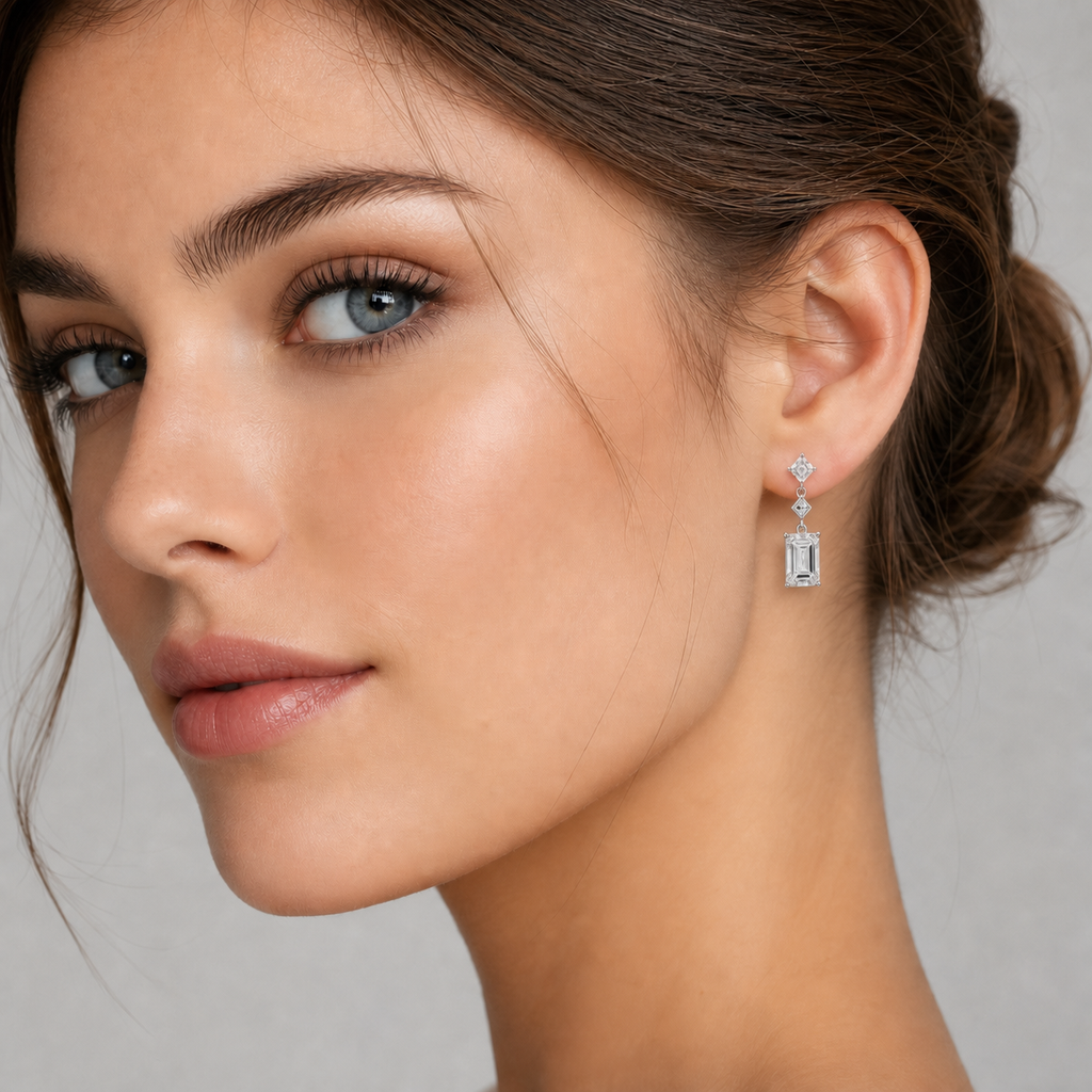 14K  Gold Emerald Cut & Princess Cut Tiered Geometric Lab-Grown Diamond Drop Earrings