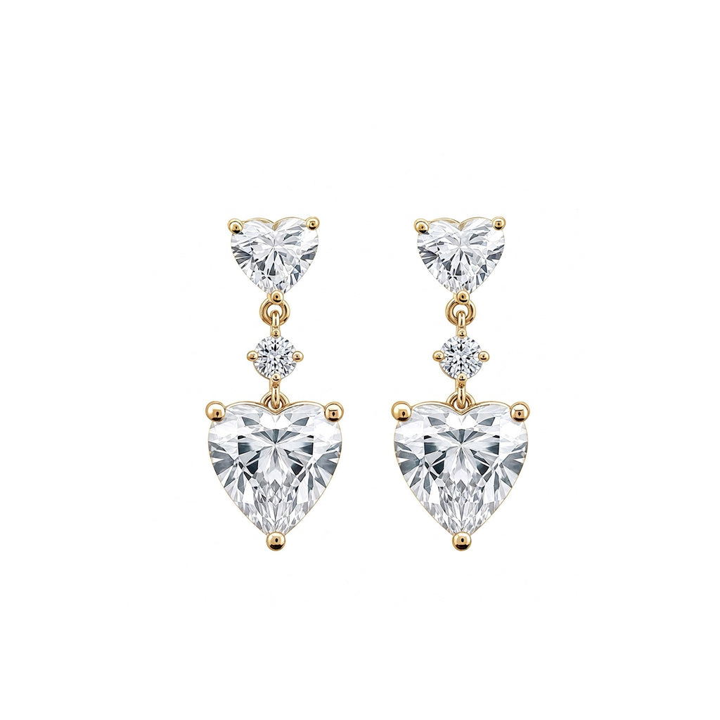 14K  Gold Double Heart Lab-Grown Diamond Drop Earrings