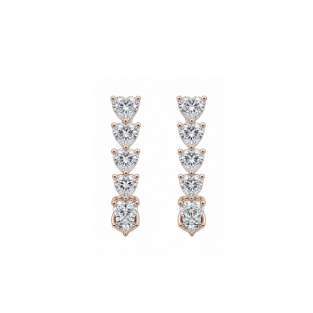 14K Gold Asymmetric 5-Heart Drop & Pav¨¦ Huggie Lab-Grown Diamond Earrings