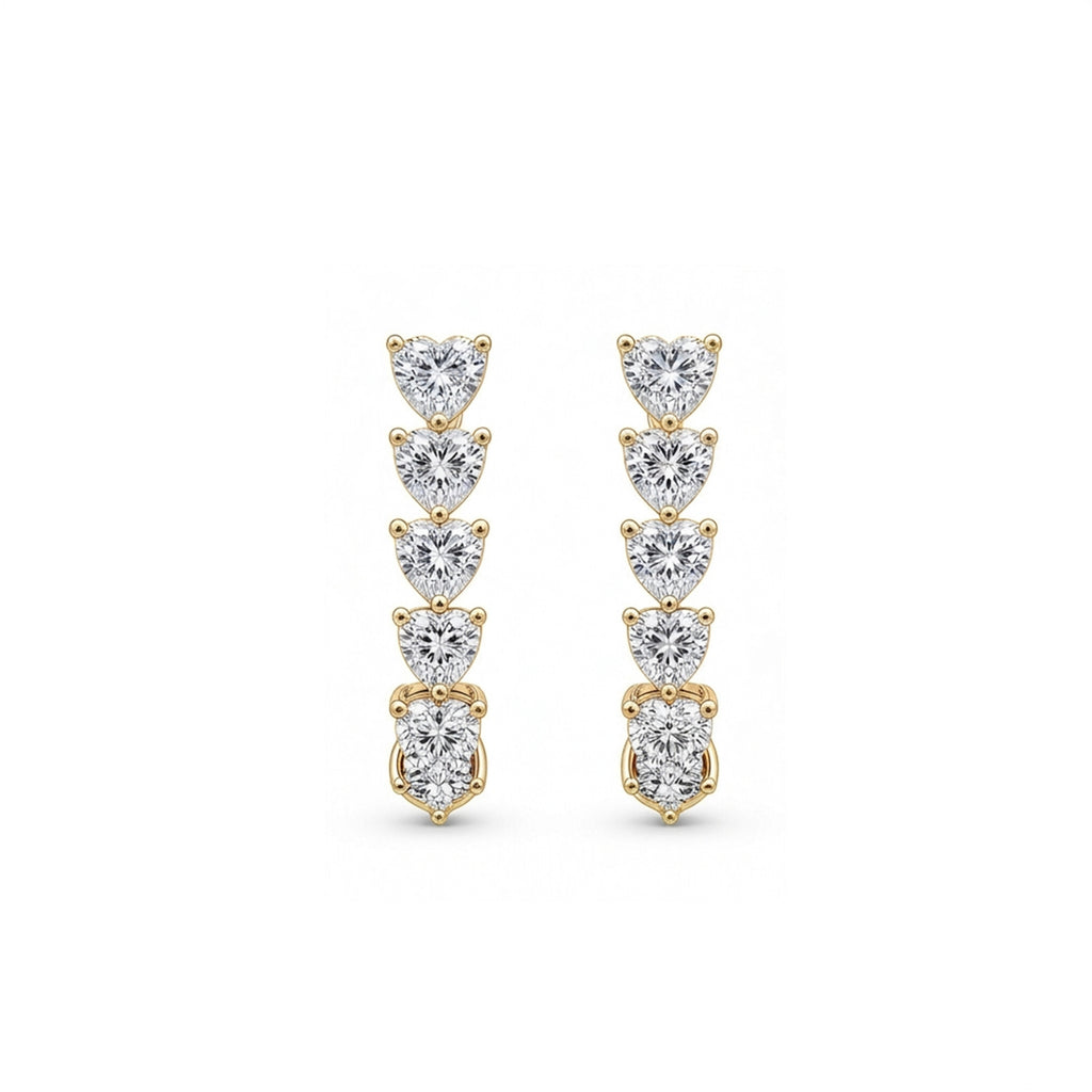 14K Gold Asymmetric 5-Heart Drop & Pav¨¦ Huggie Lab-Grown Diamond Earrings