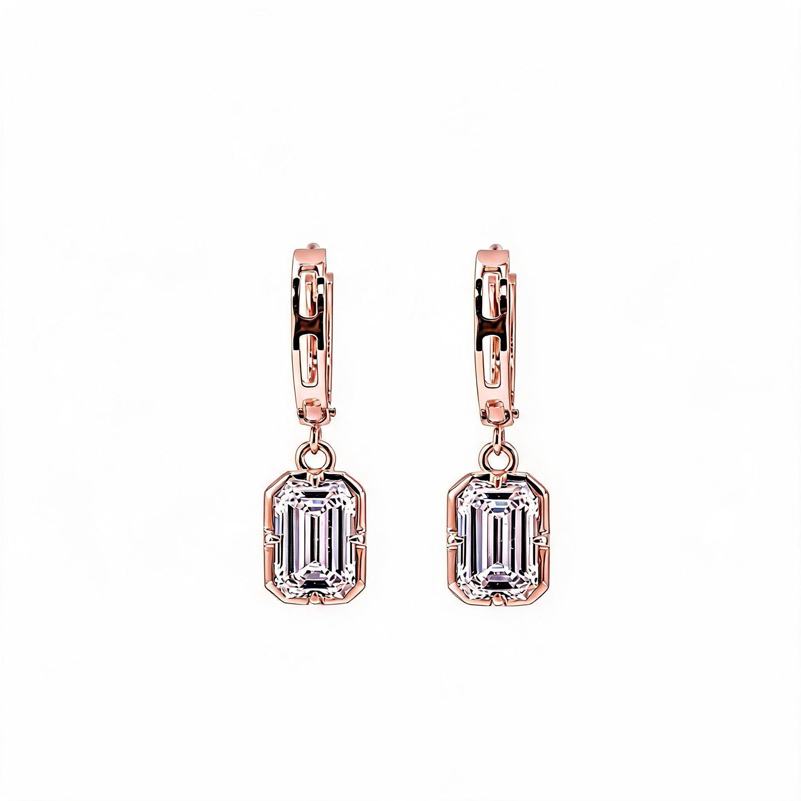 14K Gold Emerald-Cut Lab-Grown Diamond Open-Link Huggie Drop Earrings