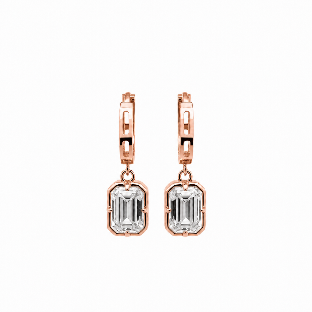 14K Gold Rectangle Emerald Cut Dangle Hoops
