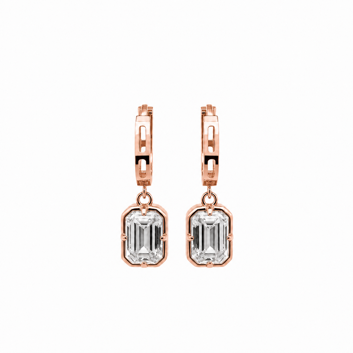 14K Gold Rectangle Emerald Cut Dangle Hoops