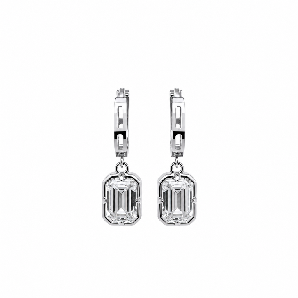 14K Gold Rectangle Emerald Cut Dangle Hoops