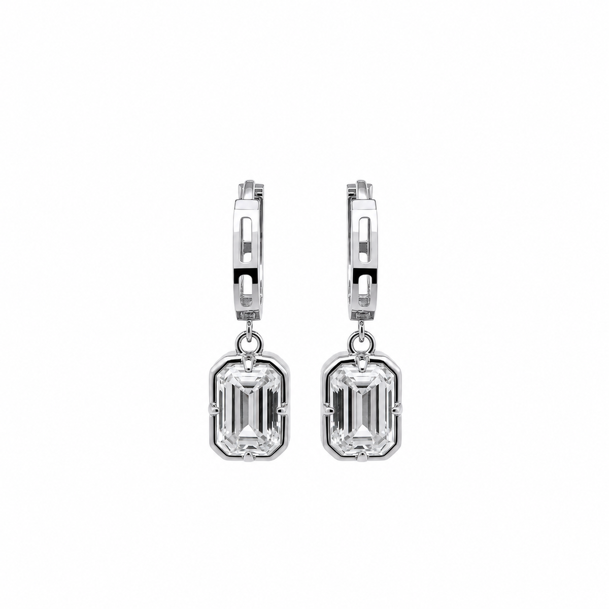 14K Gold Rectangle Emerald Cut Dangle Hoops