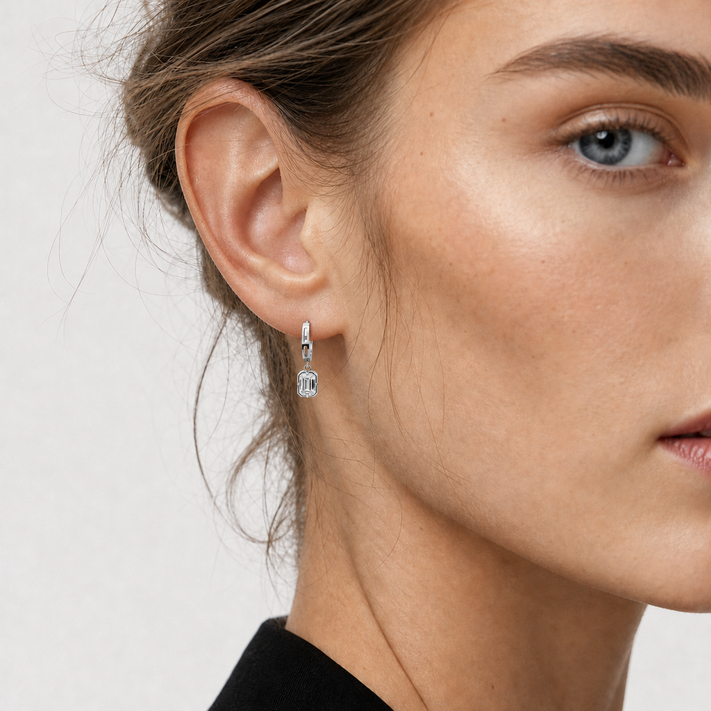 14K Gold Rectangle Emerald Cut Dangle Hoops