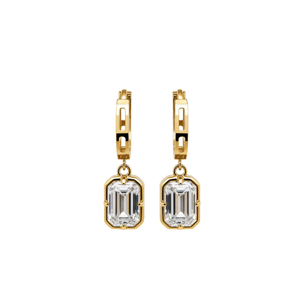 14K Gold Rectangle Emerald Cut Dangle Hoops