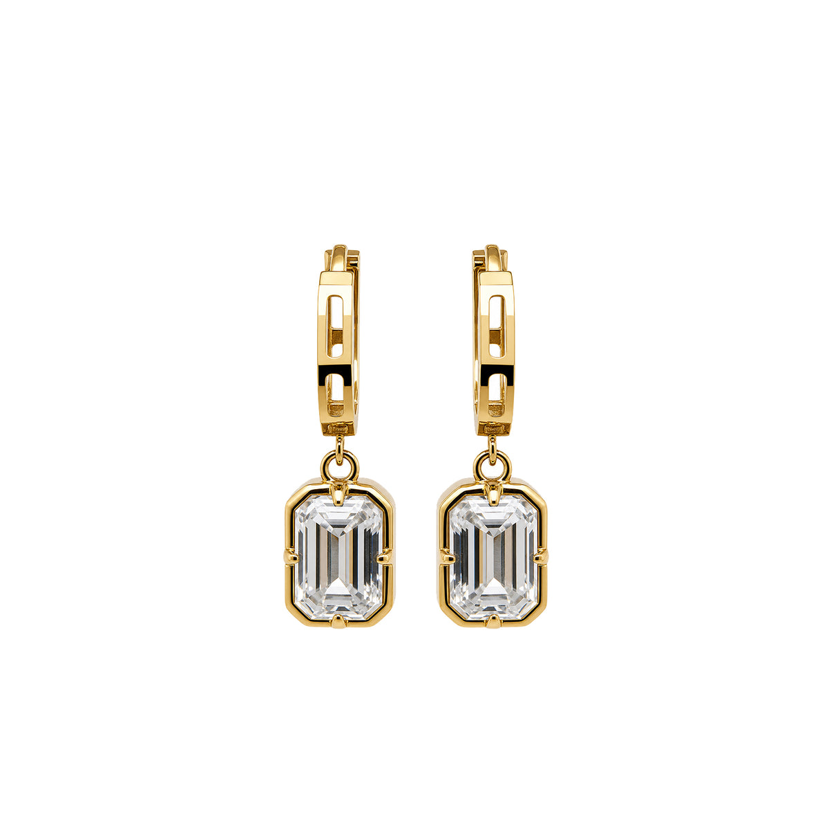 14K Gold Rectangle Emerald Cut Dangle Hoops