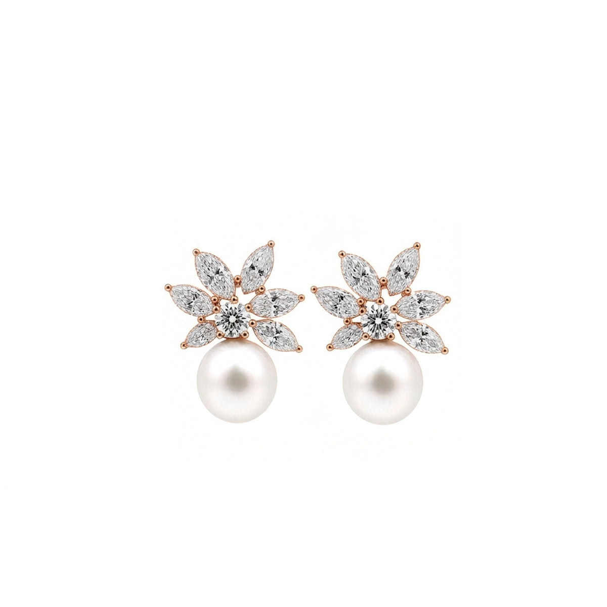14K Gold Marquise Lab-Grown Diamond & Pearl Floral Stud Earrings