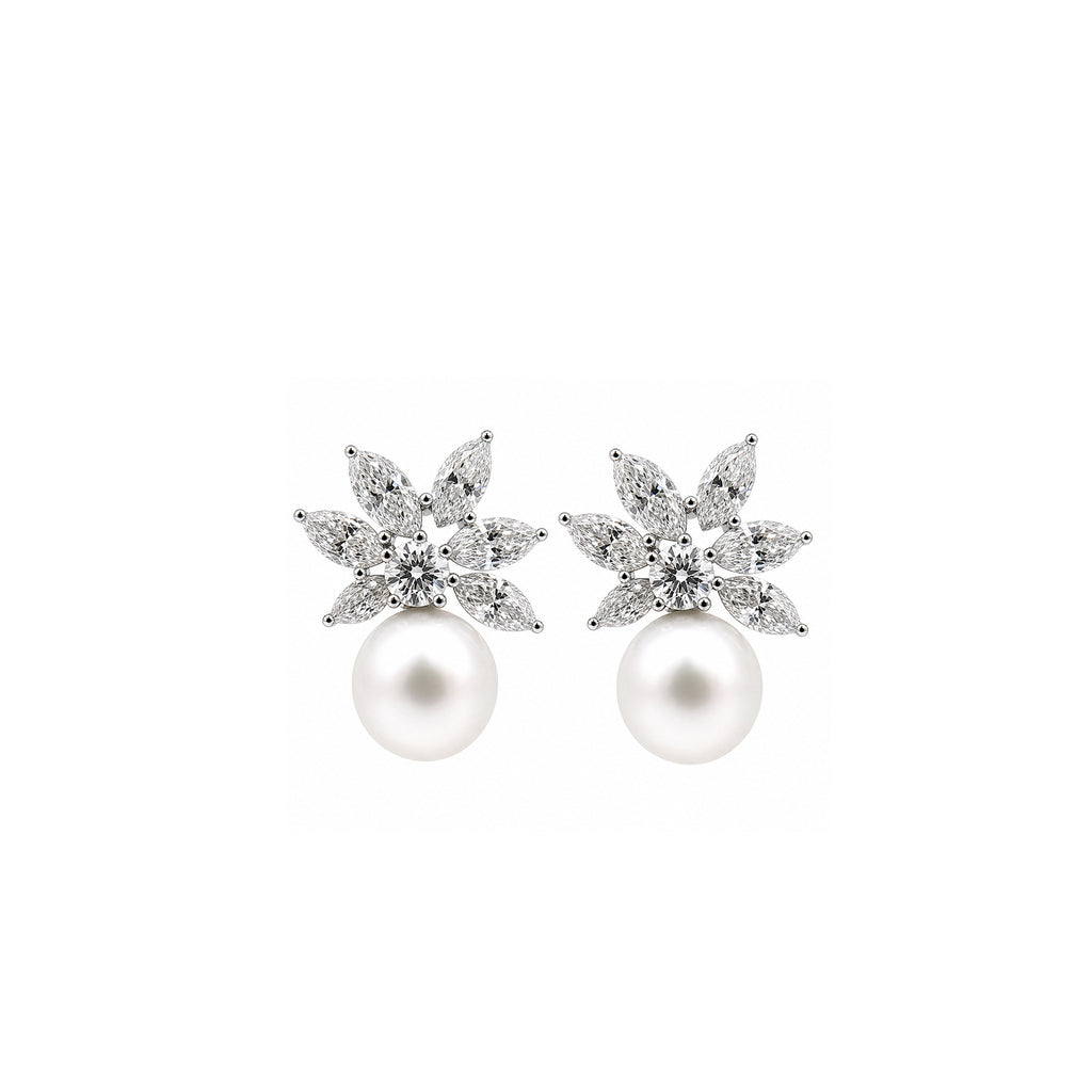 14K Gold Marquise Lab-Grown Diamond & Pearl Floral Stud Earrings