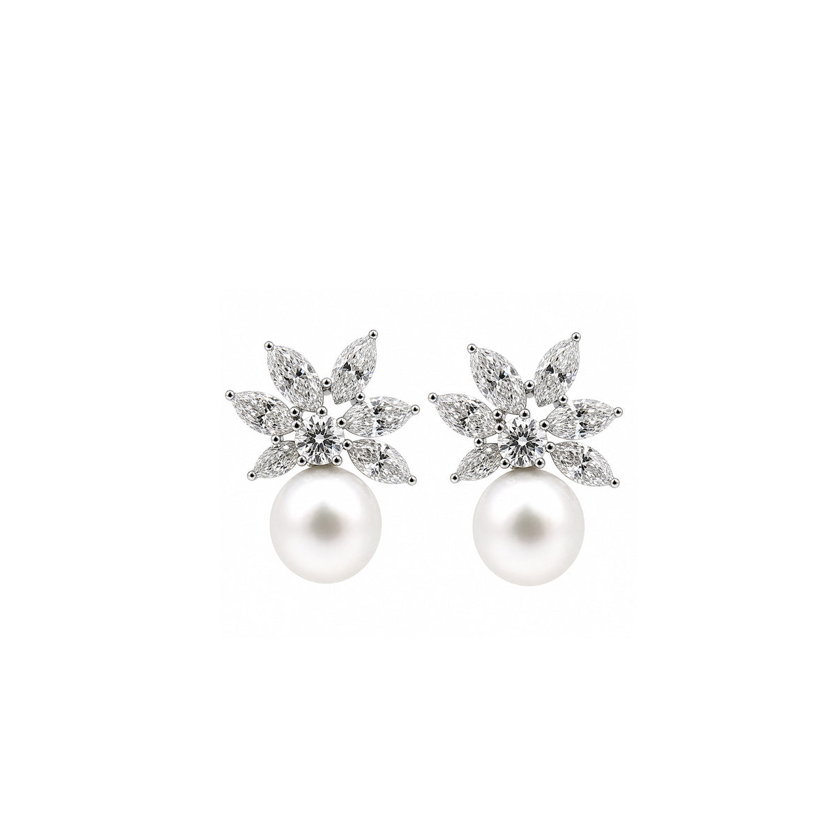 14K Gold Marquise Lab-Grown Diamond & Pearl Floral Stud Earrings