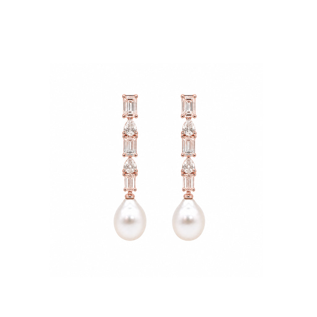 14K Gold Emerald & Pear-Cut Lab-Grown Diamond with Drop Pearl Art Deco Earrings