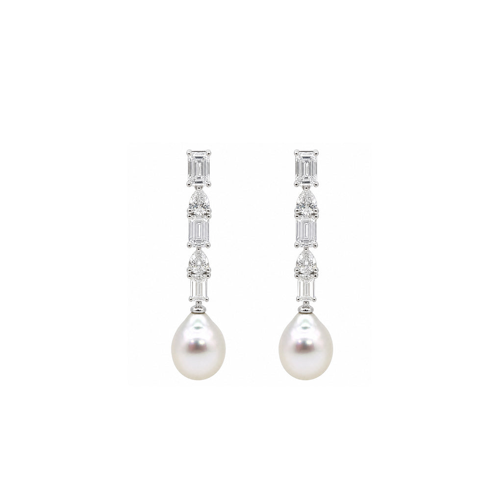 14K Gold Emerald & Pear-Cut Lab-Grown Diamond with Drop Pearl Art Deco Earrings