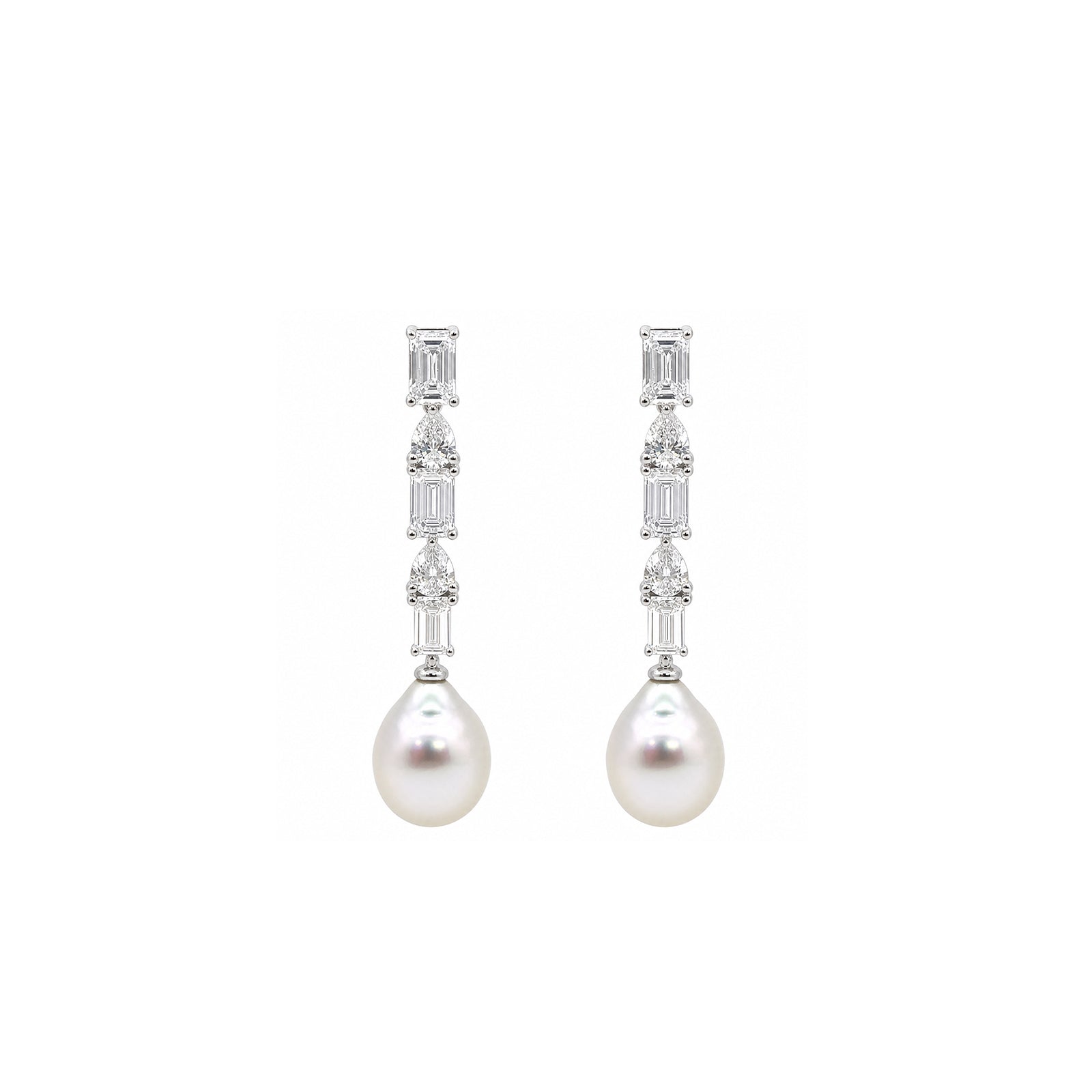 14K Gold Emerald & Pear-Cut Lab-Grown Diamond with Drop Pearl Art Deco Earrings