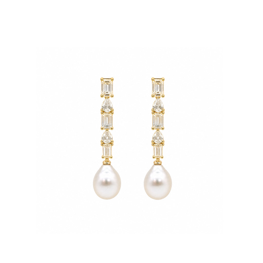 14K Gold Emerald & Pear-Cut Lab-Grown Diamond with Drop Pearl Art Deco Earrings
