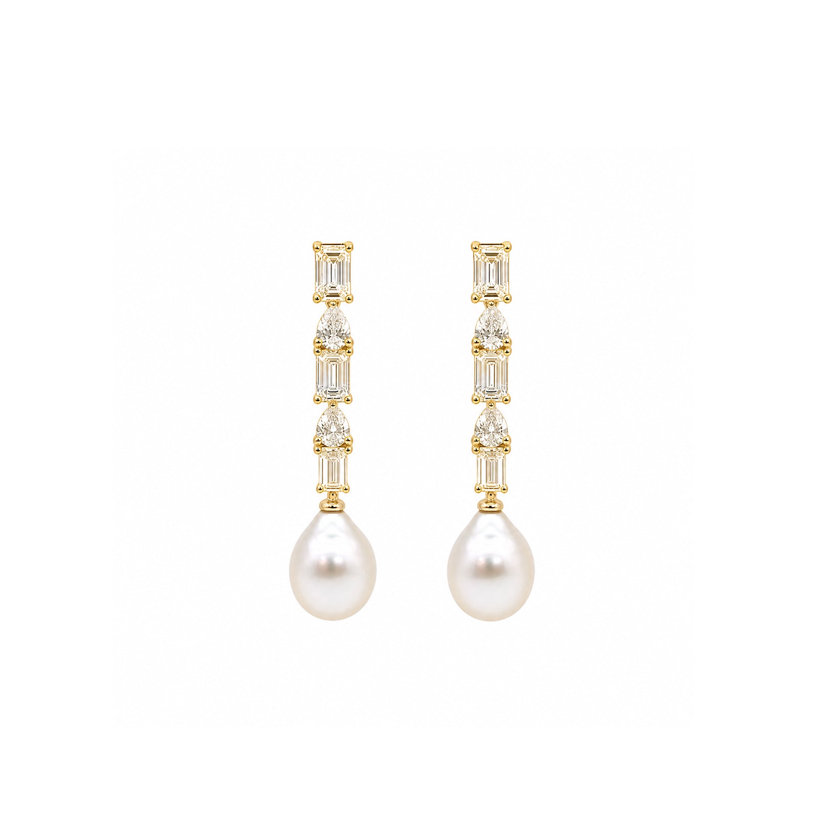 14K Gold Emerald & Pear-Cut Lab-Grown Diamond with Drop Pearl Art Deco Earrings