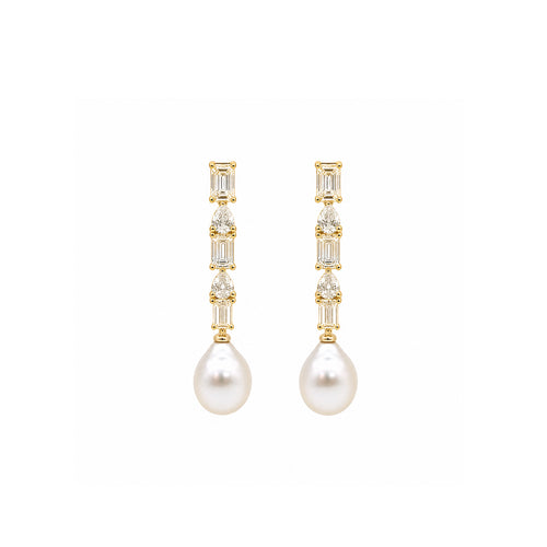 14K Gold Emerald & Pear-Cut Lab-Grown Diamond with Drop Pearl Art Deco Earrings