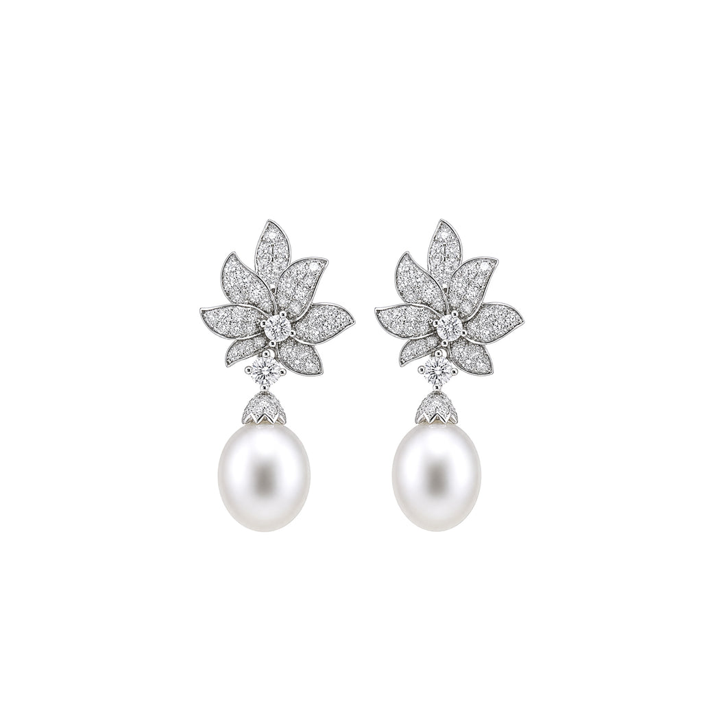 14K Gold Lab-Grown Diamond & Pearl Blooming Floral Drop Earrings