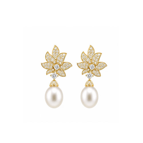 14K Gold Lab-Grown Diamond & Pearl Blooming Floral Drop Earrings
