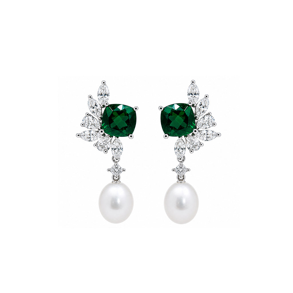 14K Gold Cushion-Cut Lab-Grown Emerald, Diamond & Pearl Statement Drop Earrings