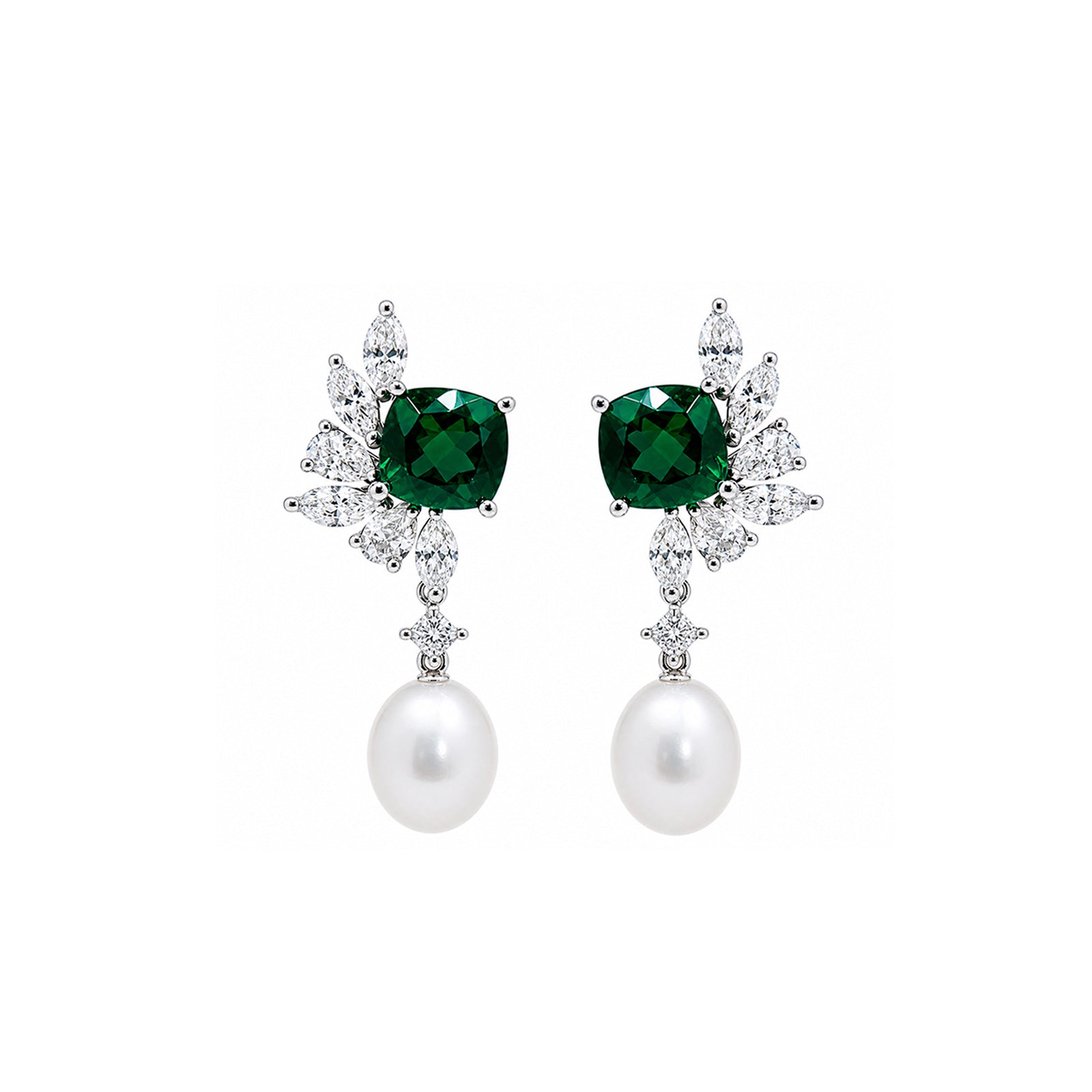 14K Gold Cushion-Cut Lab-Grown Emerald, Diamond & Pearl Statement Drop Earrings
