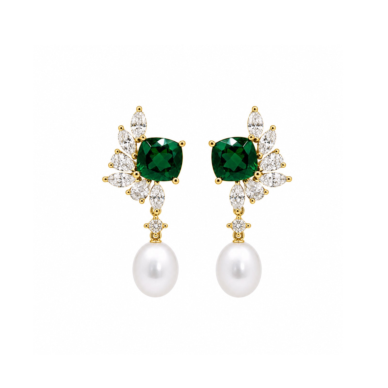 14K Gold Cushion-Cut Lab-Grown Emerald, Diamond & Pearl Statement Drop Earrings