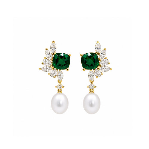 14K Gold Cushion-Cut Lab-Grown Emerald, Diamond & Pearl Statement Drop Earrings