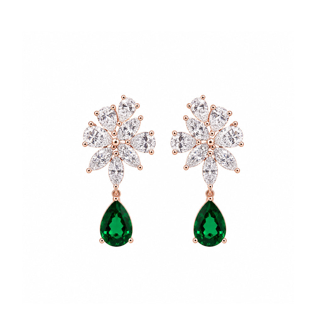 14K Gold Marquise & Pear-Cut Lab-Grown Diamond Floral with Pear-Cut Lab-Grown Emerald Statement Drop Earrings