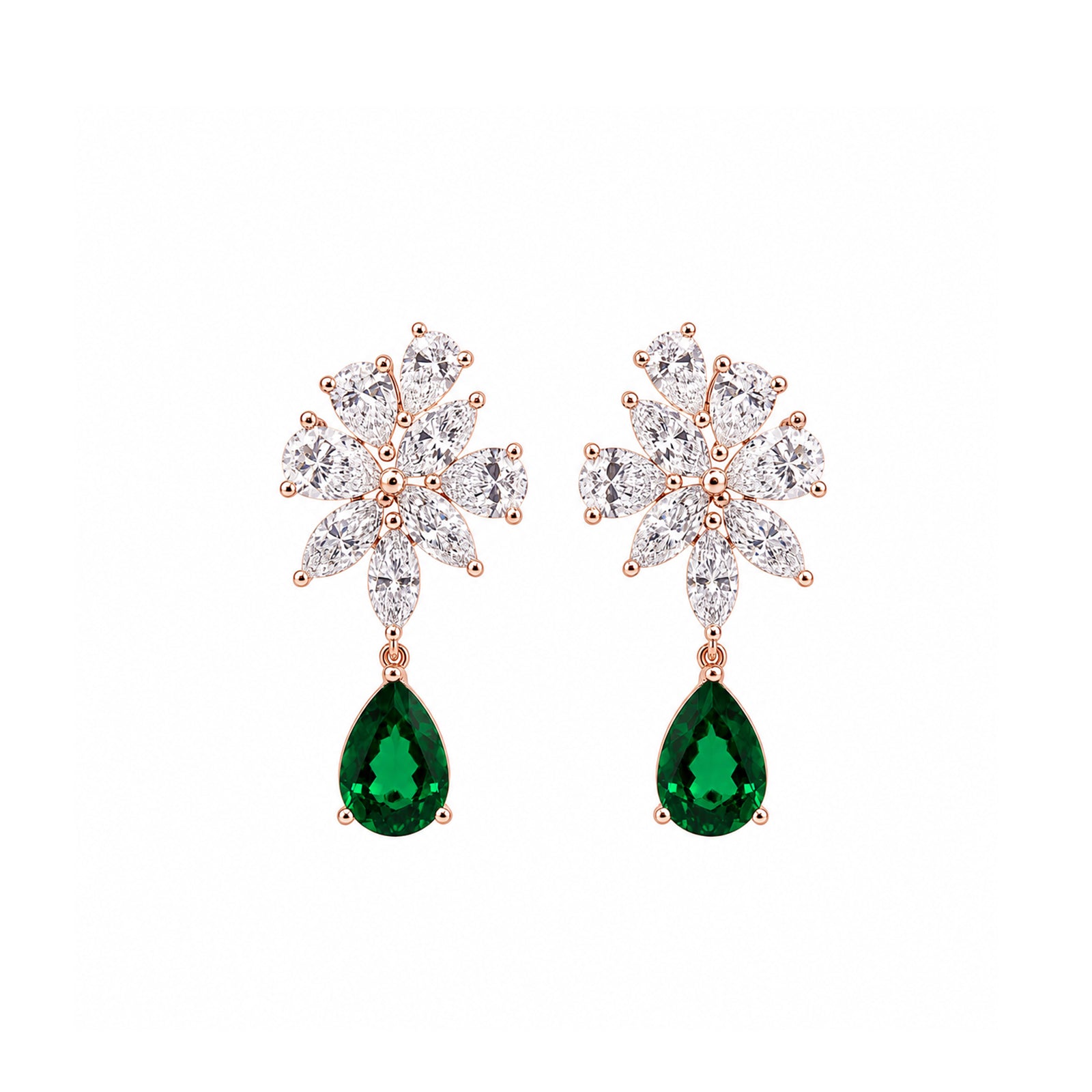 14K Gold Marquise & Pear-Cut Lab-Grown Diamond Floral with Pear-Cut Lab-Grown Emerald Statement Drop Earrings