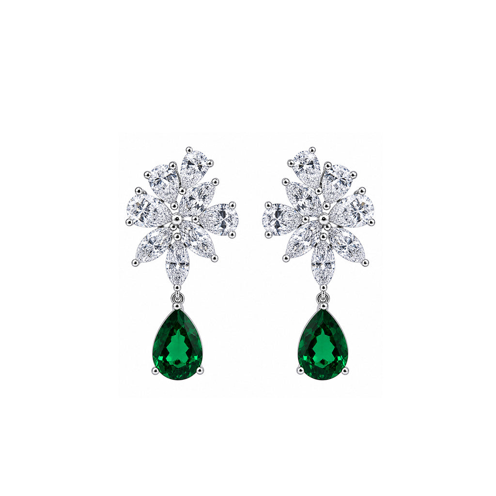 14K Gold Marquise & Pear-Cut Lab-Grown Diamond Floral with Pear-Cut Lab-Grown Emerald Statement Drop Earrings