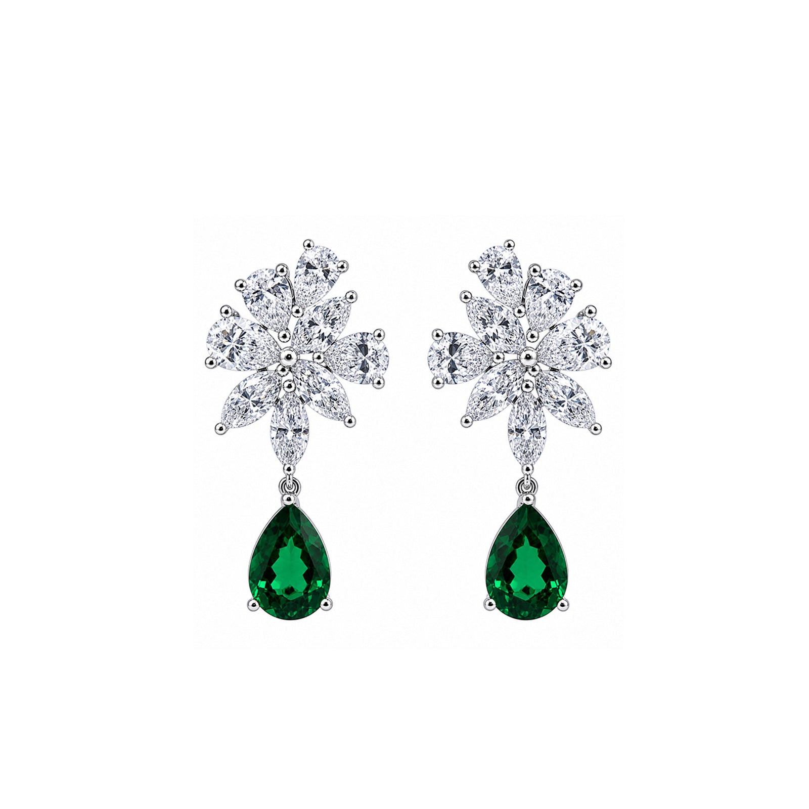 14K Gold Marquise & Pear-Cut Lab-Grown Diamond Floral with Pear-Cut Lab-Grown Emerald Statement Drop Earrings