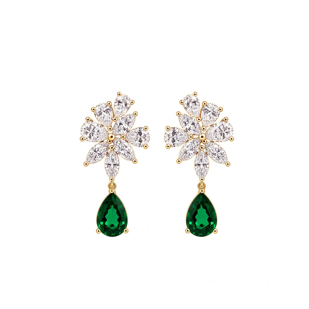 14K Gold Marquise & Pear-Cut Lab-Grown Diamond Floral with Pear-Cut Lab-Grown Emerald Statement Drop Earrings