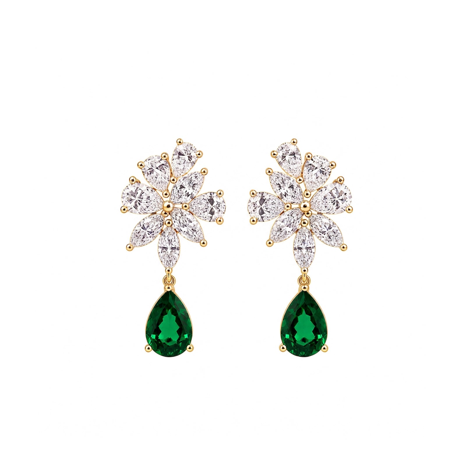 14K Gold Marquise & Pear-Cut Lab-Grown Diamond Floral with Pear-Cut Lab-Grown Emerald Statement Drop Earrings