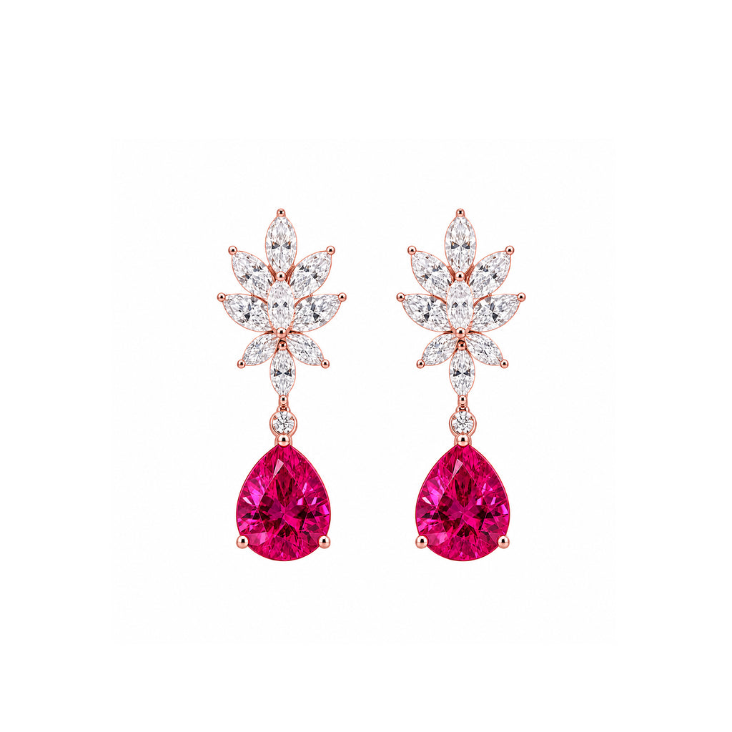 14K Gold Marquise Lab-Grown Diamond Leaf Cluster with Pear-Cut Lab-Grown Ruby Statement Drop Earrings