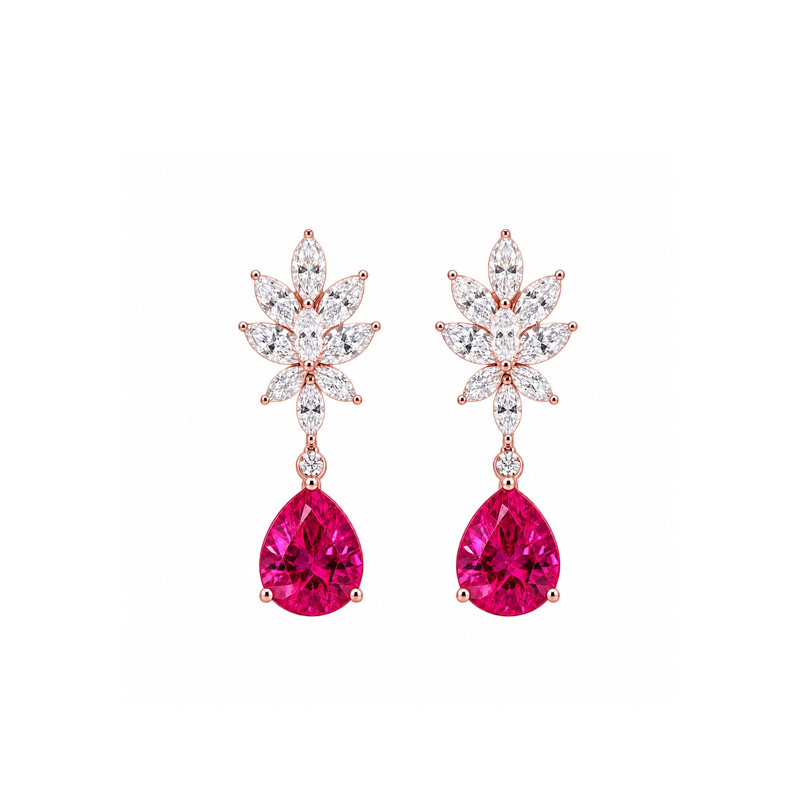 14K Gold Marquise Lab-Grown Diamond Leaf Cluster with Pear-Cut Lab-Grown Ruby Statement Drop Earrings