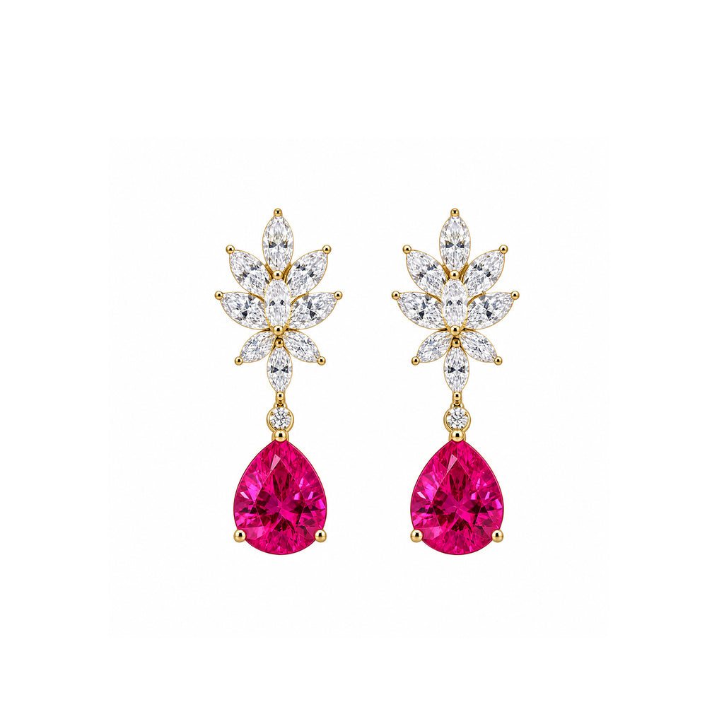 14K Gold Marquise Lab-Grown Diamond Leaf Cluster with Pear-Cut Lab-Grown Ruby Statement Drop Earrings