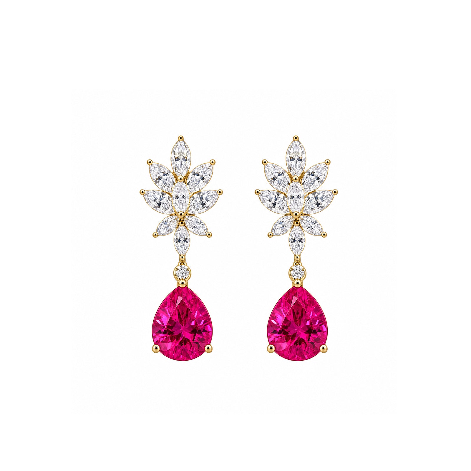 14K Gold Marquise Lab-Grown Diamond Leaf Cluster with Pear-Cut Lab-Grown Ruby Statement Drop Earrings