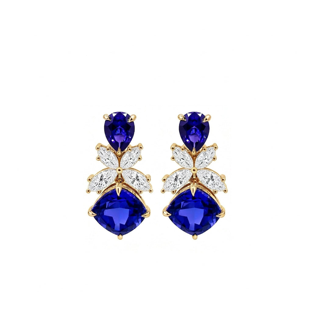 14K Gold Pear & Cushion-Cut Lab-Grown Sapphire with Marquise Lab-Grown Diamond High Jewelry Drop Earrings