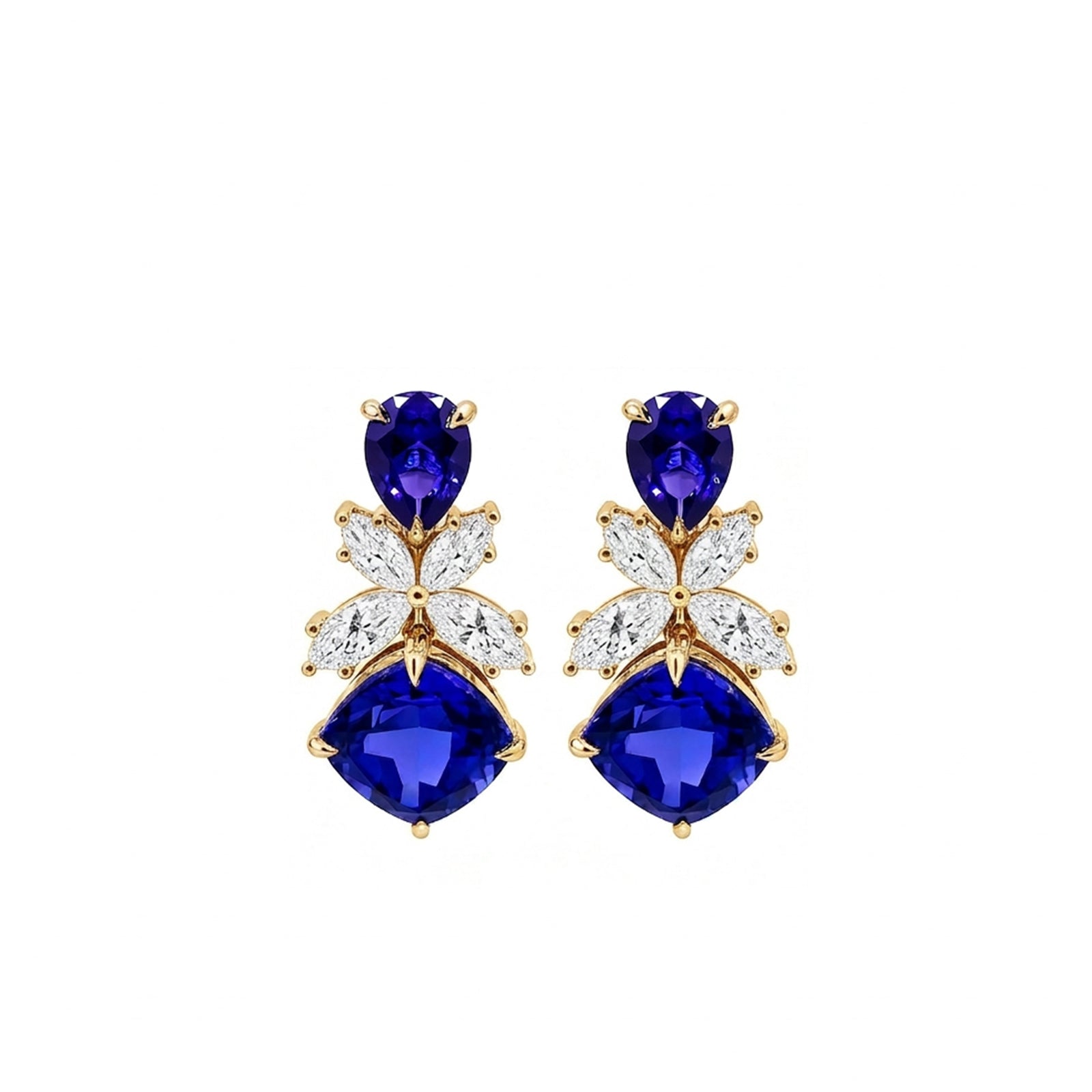 14K Gold Pear & Cushion-Cut Lab-Grown Sapphire with Marquise Lab-Grown Diamond High Jewelry Drop Earrings