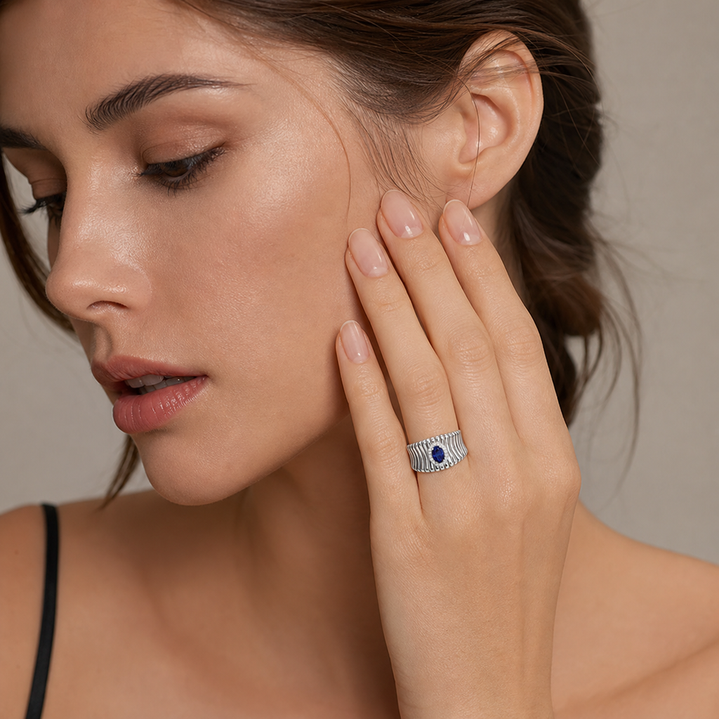 14K Gold Ribbed Statement Ring with Blue Sapphire Halo
