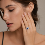14K Gold Ribbed Statement Ring with Blue Sapphire Halo