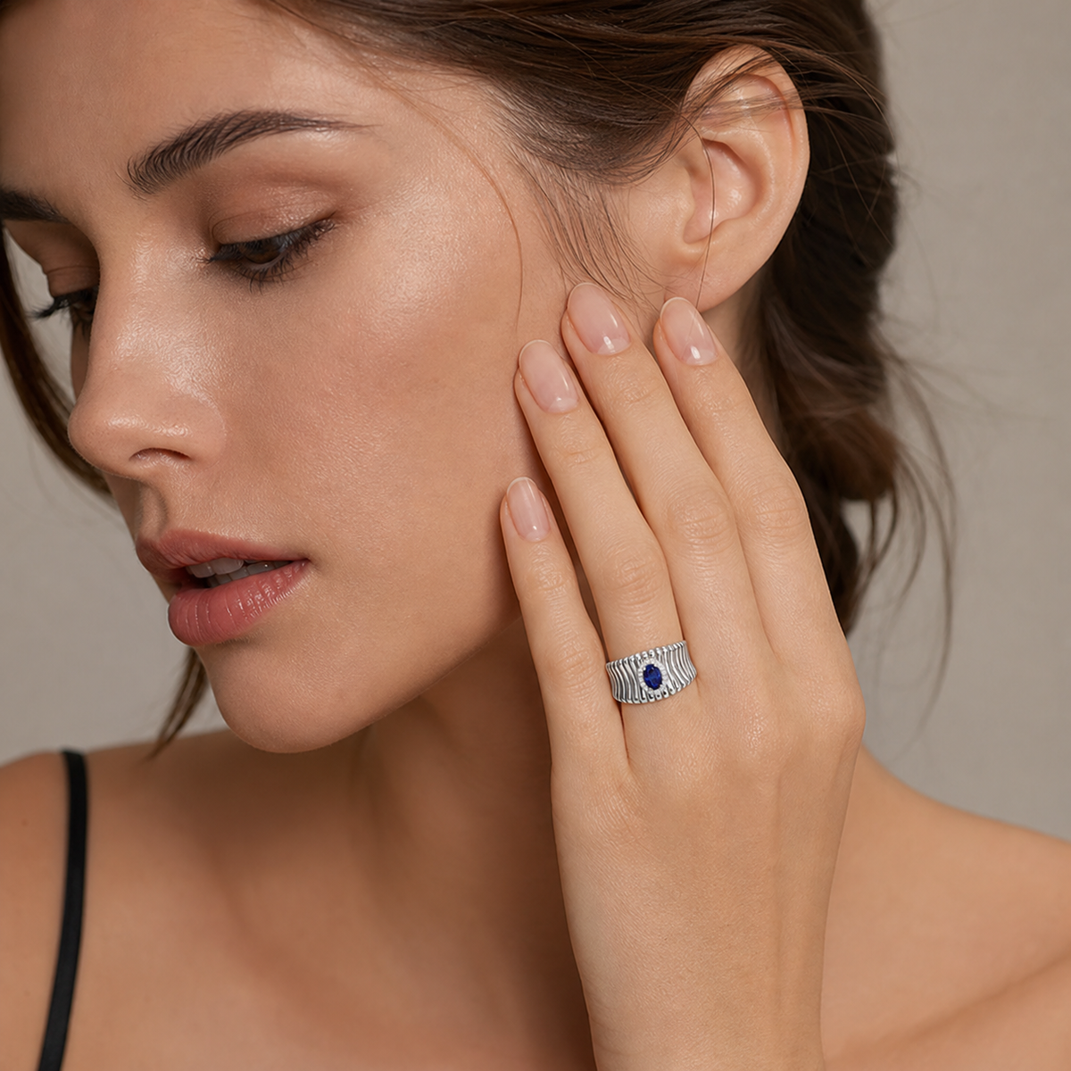 14K Gold Ribbed Statement Ring with Blue Sapphire Halo