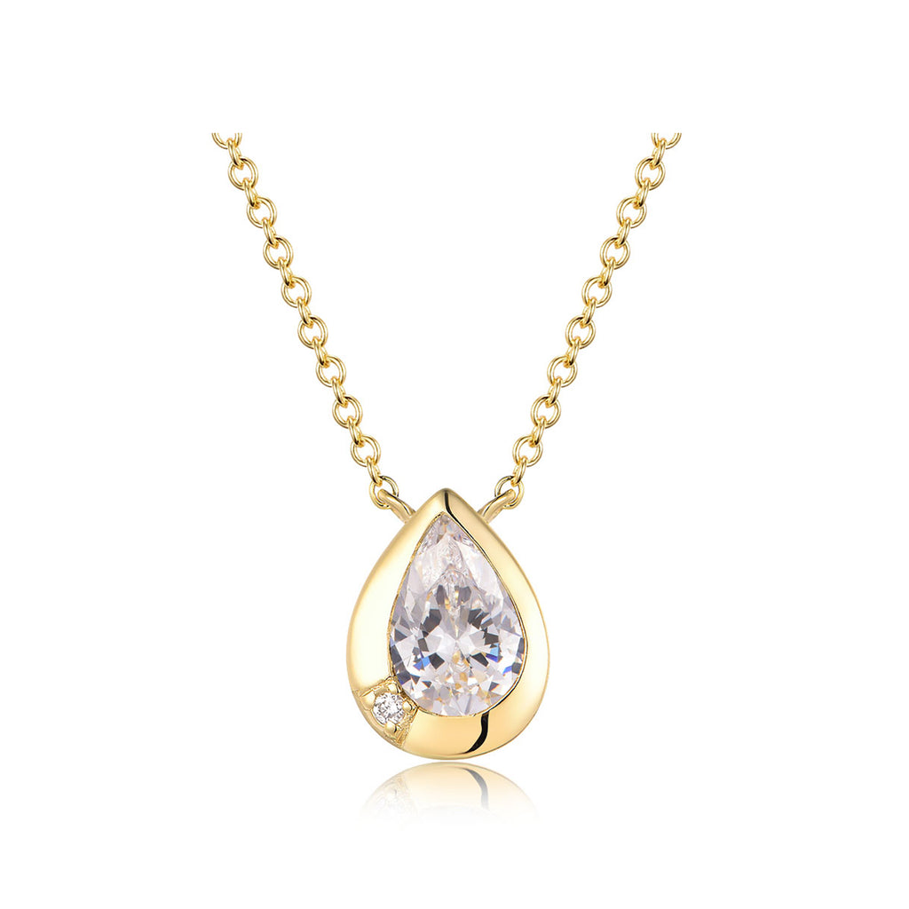 Classic Pear Cut Solitaire Necklace in Gold with Side Stone Accent