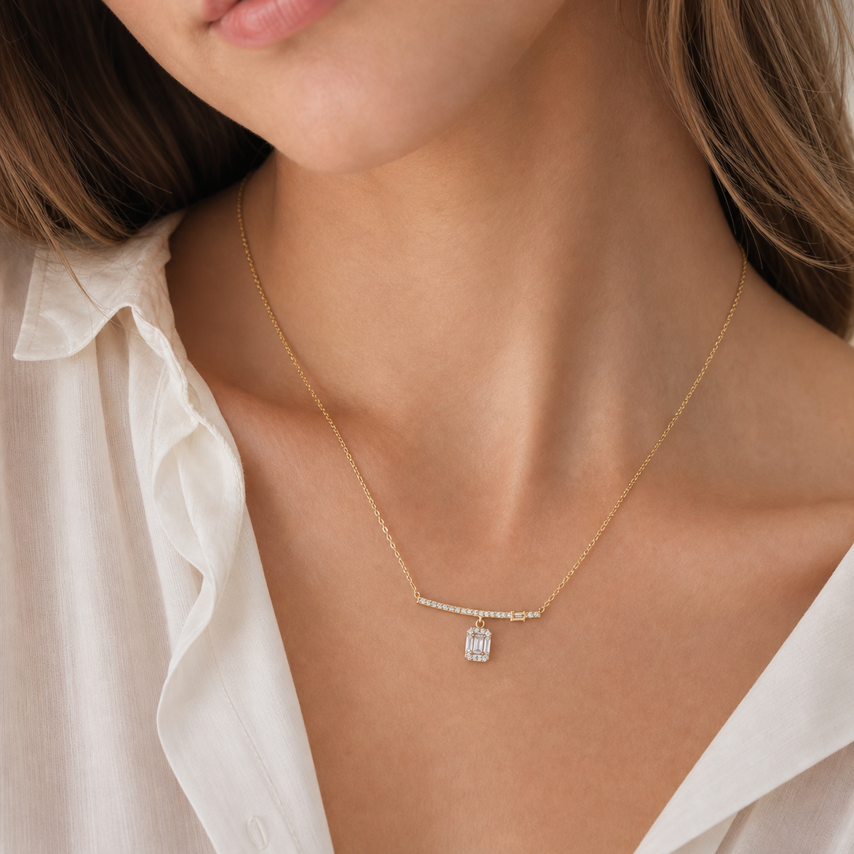14K Gold Lab-Grown Diamond Bar & Square Drop Necklace