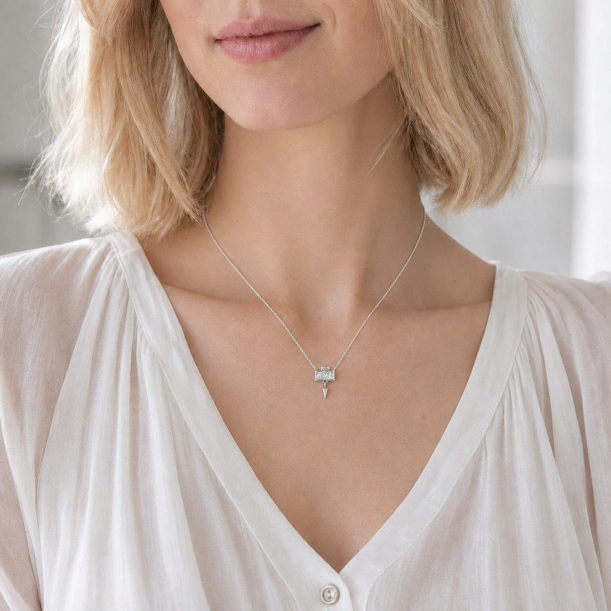 14K Gold Lab-Grown Diamond Square Bezel Spike Drop Necklace