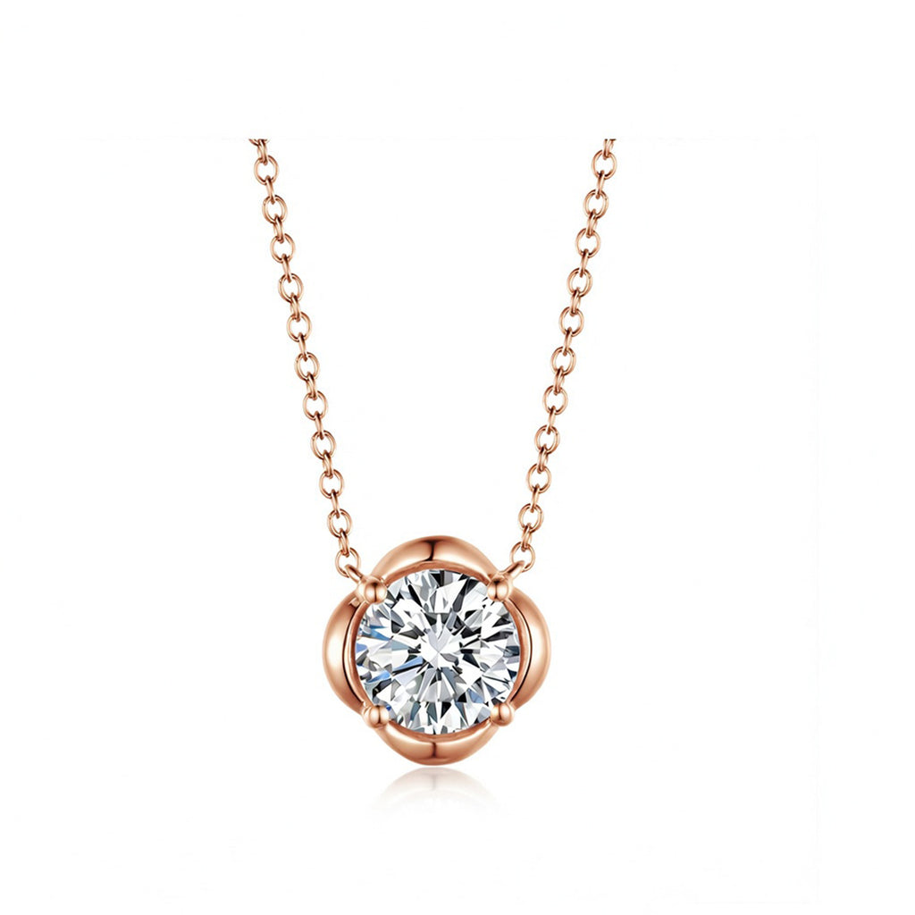 Flower Bezel Round Cut Solitaire Gold Diamond Pendant Necklace