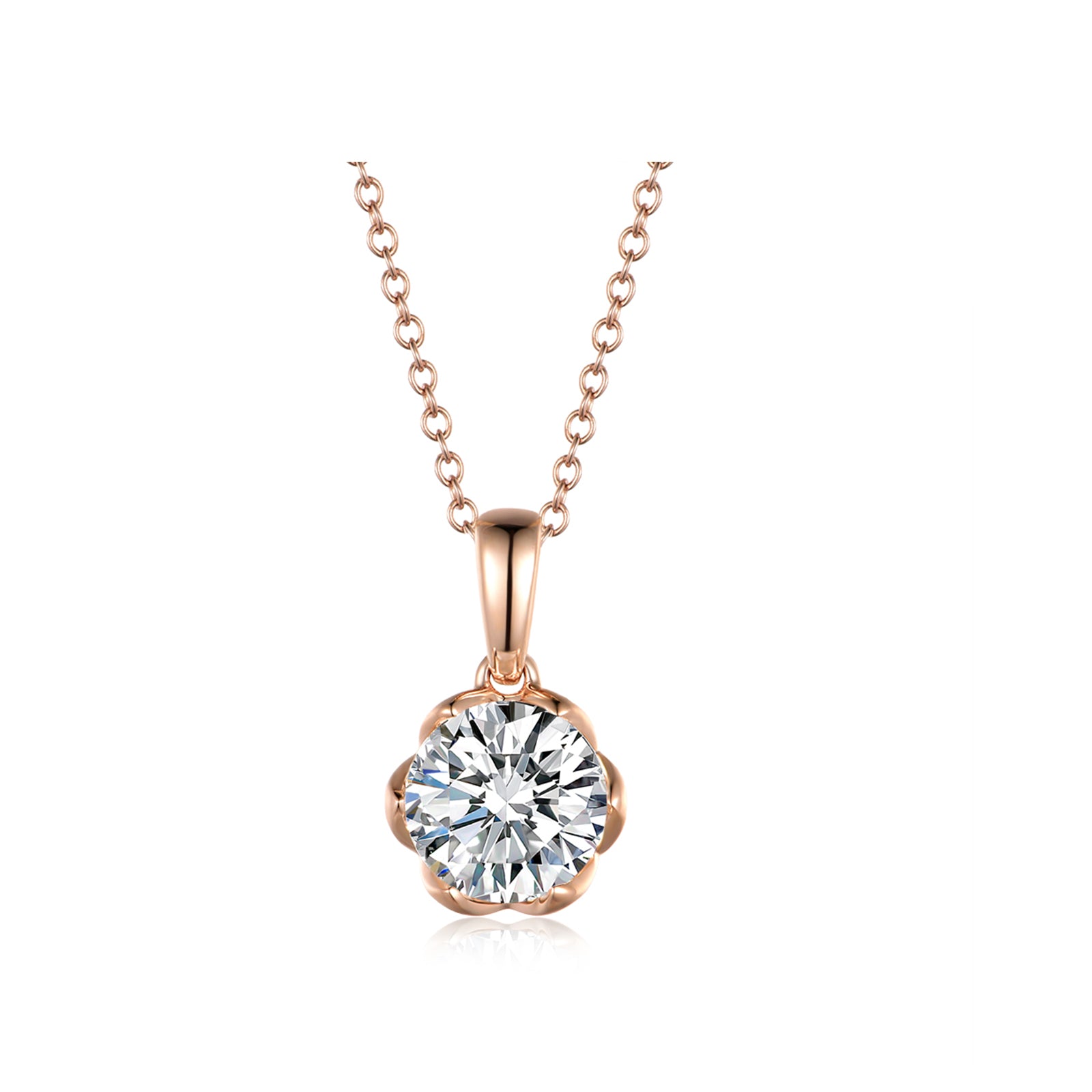Delicate Flower-Style Round Cut Solitaire Necklace in Rose Gold