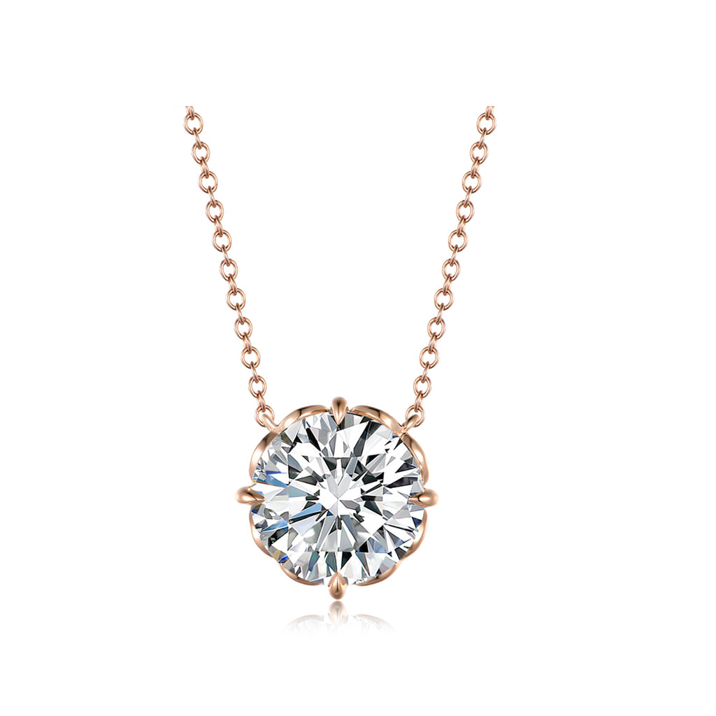Delicate Flower-Style Round Brilliant Cut Rose Gold Diamond Solitaire Necklace