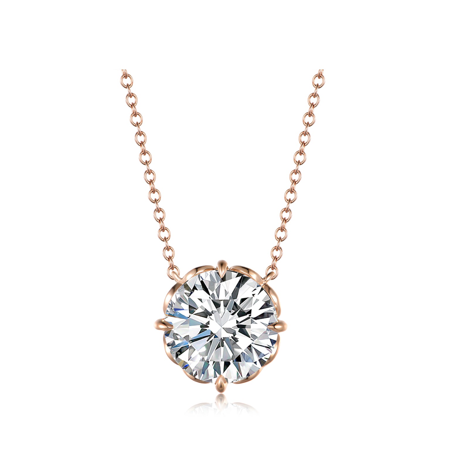 Delicate Flower-Style Round Brilliant Cut Rose Gold Diamond Solitaire Necklace