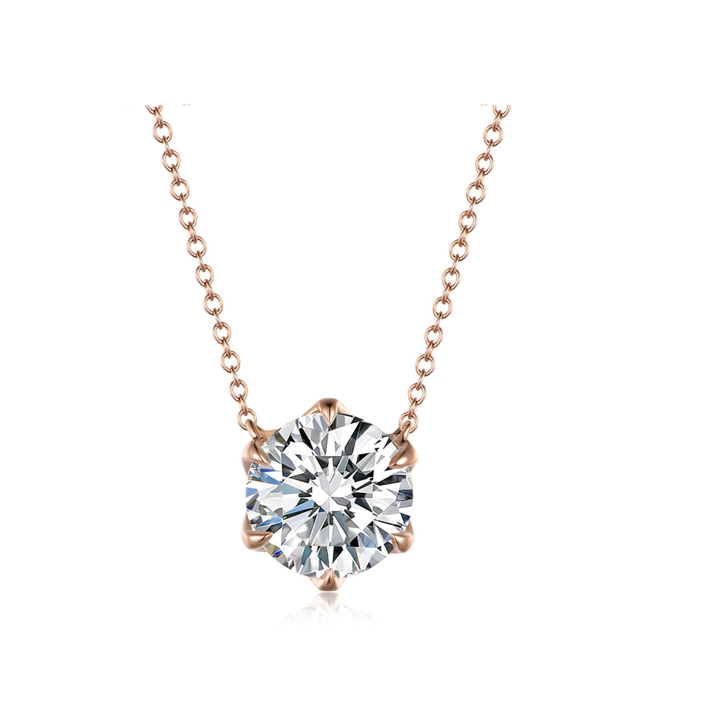 Minimalist Four-Prong Round Brilliant Cut Rose Gold Diamond Solitaire Necklace